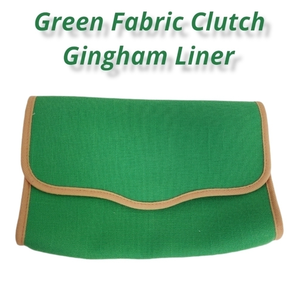 ENVELOPE Clutch Green and Tan Fabric with Gingham Liner 7.5h x 11w Like New